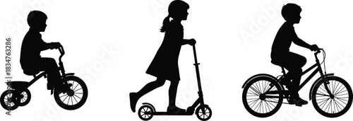 Children riding tricycle, scooter, and bicycle silhouettes, kids playing outdoors, active childhood, transportation, black vector illustration set.