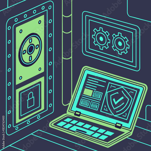 Secure server room illustration with digital screens and padlock icon