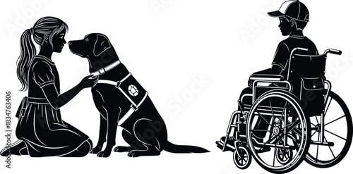 Girl and service dog with vest next to boy in wheelchair silhouette, disability assistance, emotional support, vector illustration for health care.