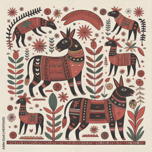 Sohrai Tribal Art of Cow and Calf with Earthy Motifs and Traditional Red Black White Patterns