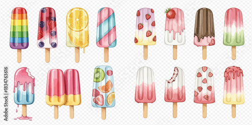 A vibrant collection of various flavored and colorful popsicles and ice lollies on sticks, featuring fruit, rainbow, and striped designs.