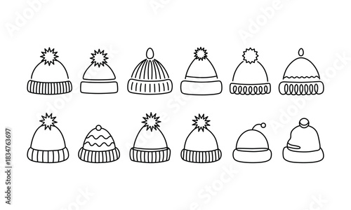 Collection of Hand Drawn Winter Hats in Black and White Perfect for Seasonal Designs and Creative Projects