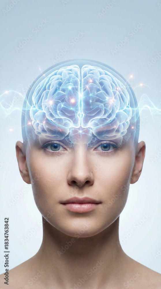 Obraz premium Woman with an exposed glowing brain and light waves. Suitable for medical, research, technology, and science related designs and projects.