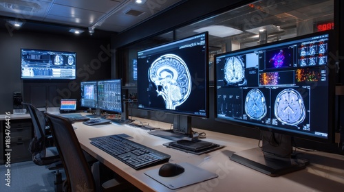 Advanced Medical Imaging Technology in a Radiology Lab with Multiple High-Resolution Monitors Displaying Brain Scans