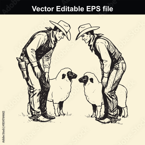 vector illustration of two cowboys bending over to examine two sheep in a pastoral setting, rendered in a classic black and white sketch style