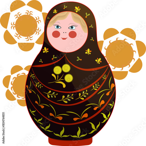 Russian nesting dolls with stylized ancient patterns of the peoples of the North of Russia and stylized suns for printing on clothes, in the form of stickers, websites, postcards, congratulations.