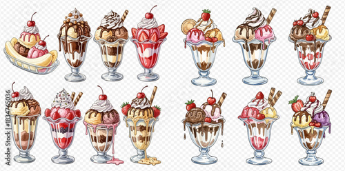 A delightful collection of various ice cream sundaes and a banana split, featuring different flavors, toppings, and presentations in glass dishes.
