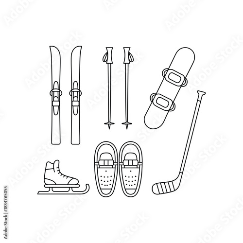Winter Sports Equipment Line Art Illustration Featuring Skis Snowboard Skates Snowshoes and Hockey Stick Perfect for Creative Designs