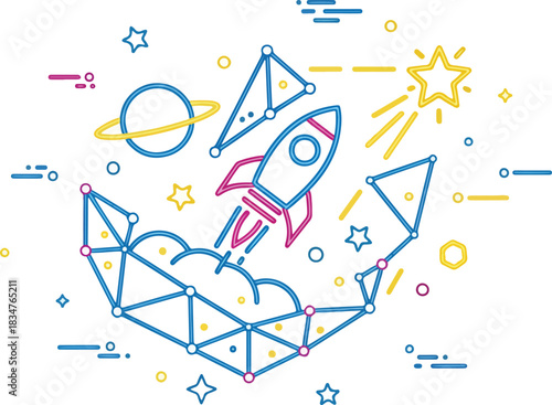 Stylized space scene featuring a rocket launch amidst constellations and celestial bodies