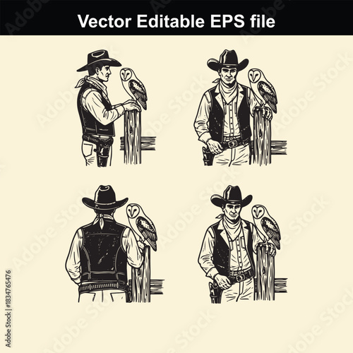 collection of four vector illustrations depicting cowboys wearing western hats and vests, each accompanied by an owl perched on a wooden fence post