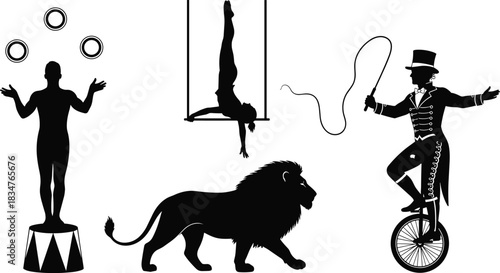 Circus acts silhouettes collection, lion tamer on unicycle with whip, trapeze artist, juggler, and large wild lion, vintage carnival and entertainment show vector set, isolated graphics.