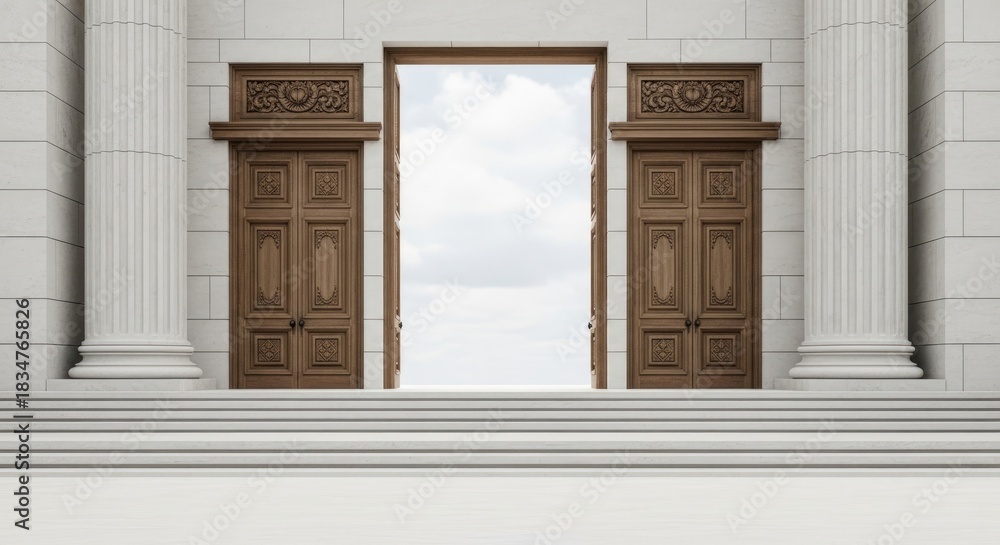 Obraz premium Two wooden doors with ornate carvings, leading to a bright, open sky, with classical columns and a stone wall in the background.