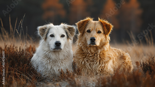 Wallpaper Mural Two dogs with fluffy fur sitting in dry grassy field during autumn, showing calm and attentive expressions with warm natural lighting and blurred background trees Torontodigital.ca