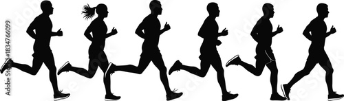 Collection of running people silhouettes, men and women jogging or sprinting, side view athletic figures representing sport, fitness, marathon, or race concepts, isolated vector set.