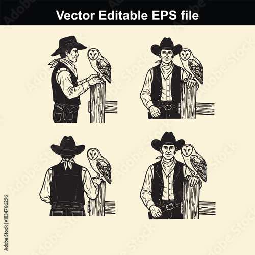 collection of four vector illustrations depicting cowboys standing next to wooden fence posts with owls perched nearby, presented in vintage black and white style