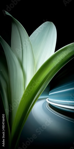 Close up of large pale green leaves with veins next to a blurred luminous tunnel of light