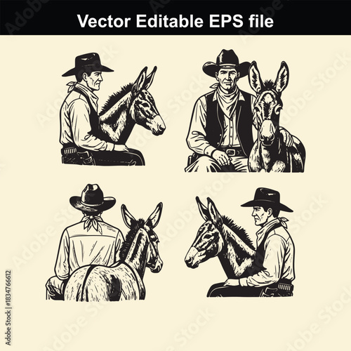 vector illustration set featuring four different stylized depictions of cowboys sitting beside or with their trusty donkey companions in a vintage western engraving style