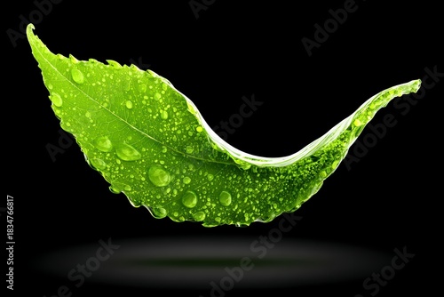 Close up of a vibrant green leaf with dew drops isolated on a black background