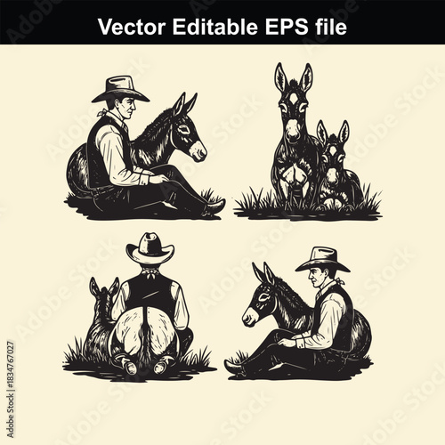vector editable eps file featuring four distinct black and white illustrations of cowboys resting alongside donkeys or mules in various seated poses with grassy foreground detail