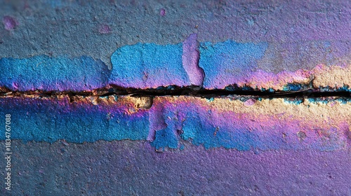 implicit. Macro of brazed metal seam with iridescent blue and purple oxidation. safety posters, maintenance manuals, designed for industrial assembly lines and welding operations, supports safety.