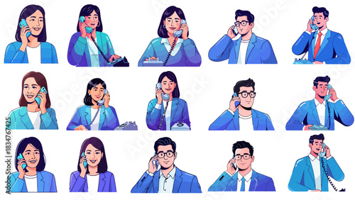 Modern Flat Vector Illustrations of Men and Women Talking on Smartphones and Landline Phones in Professional Office Settings — Communication, Customer Service, and Business Call Concepts