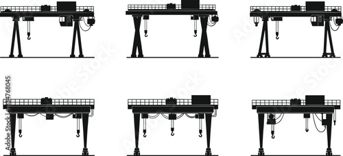 Gantry crane silhouettes, industrial lifting equipment, overhead hoist structures, heavy load systems, factory icons - flat vector