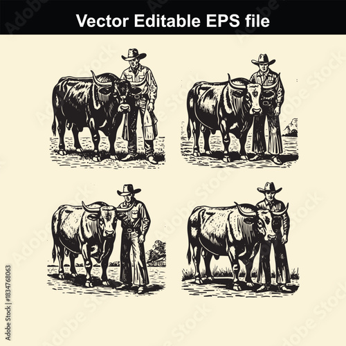vintage vector illustration set depicting four different scenes of cowboys standing next to their cattle, rendered in a detailed black and white engraving style