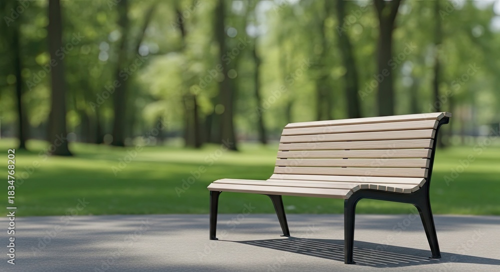 Fototapeta premium A wooden bench in a park with a green, grassy background.