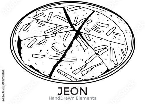 A black and white illustration of a Korean Jeon dish, sliced and served on a plate.