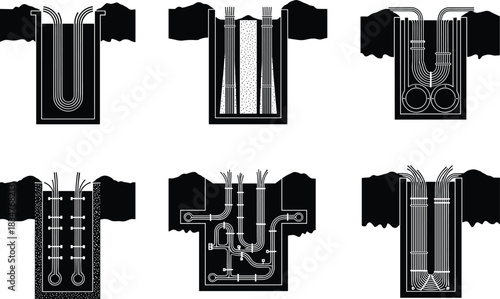 Geothermal ground loop systems, heating and cooling configurations, energy efficient technology, eco-friendly infrastructure, flat vector