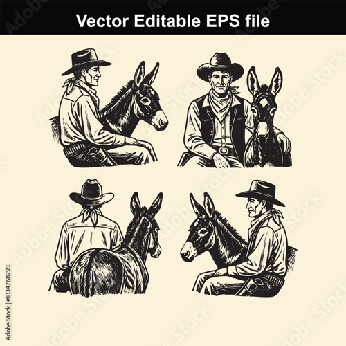 vector editable eps file featuring four different black and white illustrations of cowboys sitting next to their donkey companions in various poses
