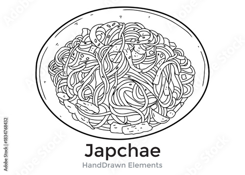 Hand-drawn illustration of Japchae, a Korean glass noodle dish, served on a plate, featuring noodles, vegetables, and meat.