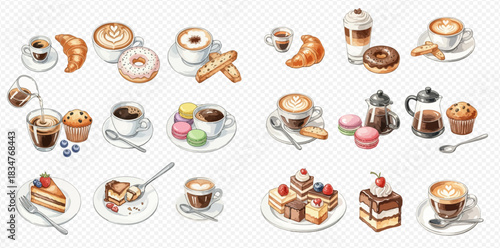 A collection of watercolor illustrations featuring various coffee drinks and sweet pastries.