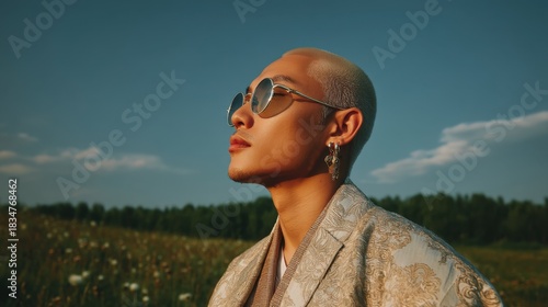 Portrait of a Stylish Young Man in Sunglasses Against a Clear Sky and Lush Green Field During Golden Hour