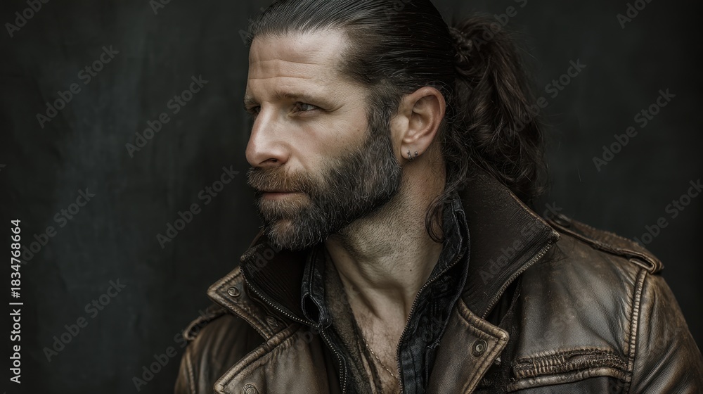 Obraz premium Portrait of a Stylish Man with Long Hair and Beard in a Vintage Leather Jacket Against a Dark Background