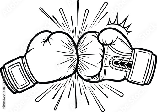 Dynamic illustration of two boxing gloves colliding in a powerful fist bump impact, symbolizing strength, teamwork, energy, unity, and competitive spirit