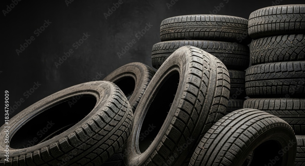 Obraz premium A pile of old tires against a dark background.