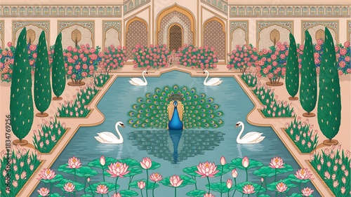 Traditional Mughal garden scene in Pichwai style featuring peacock and arches, designed for wallpaper