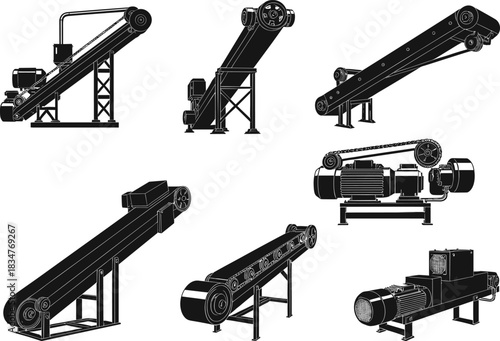 Industrial conveyor belt silhouette, motorized transport system, material handling layout, mechanical drive unit, factory equipment, flat vector