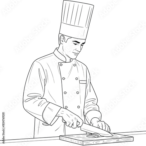 Professional chef in uniform carefully slicing ingredients on a wooden cutting board in a commercial kitchen, demonstrating culinary skill and food preparation techniques.