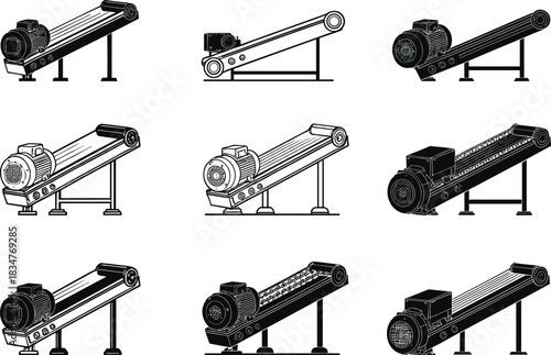 Industrial conveyor belt system collection, motorized transport equipment, manufacturing line machinery, automation components, flat vector