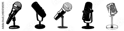 Set Microphone Black and White Silhouette Vector Ideal for audio, speaking, podcast, music, and simple sound graphics. Symbolizes simple voice, sound recording, and broadcast.
