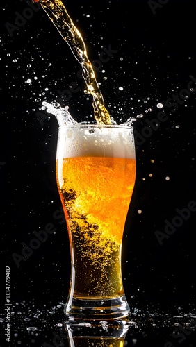 Wallpaper Mural Refreshing beer cocktail being poured into a tall glass with golden bubbles and foam, creating a lively splash against a black background Torontodigital.ca