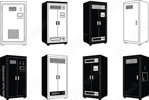 Industrial electrical cabinets and enclosures, control panel interfaces, ventilation and door designs, infrastructure layout, flat vector