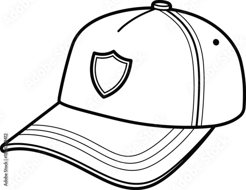 Simple outlined baseball cap illustration featuring curved brim and shield emblem, ideal for design templates, branding concepts, coloring pages, and graphic resources