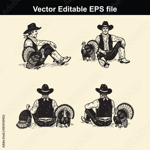 vector editable eps file featuring four vintage style illustrations of cowboys sitting next to turkeys from different angles, suitable for thanksgiving or western themes