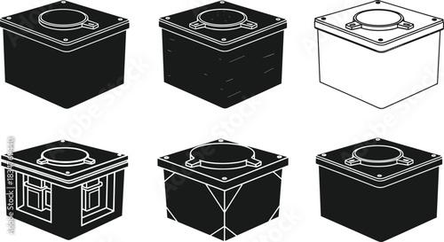 Industrial cube units, circular top gear, mechanical enclosures, structural design icons, engineering box silhouettes, flat vector