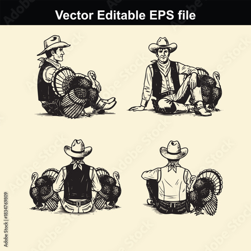 vintage vector illustration set of four cowboys sitting with wild turkeys, depicted in a classic western engraving style, perfect for holiday themes