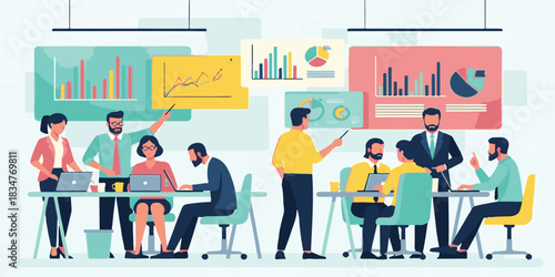 Business team concept vector illustration of successful people working in a circle silhouette