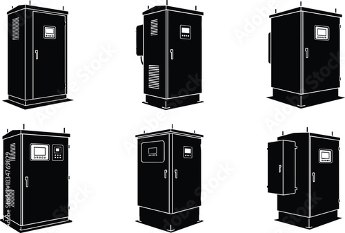 Industrial electrical enclosures, control panel silhouettes, black cabinet shapes, engineering equipment icons, technical infrastructure, flat vector